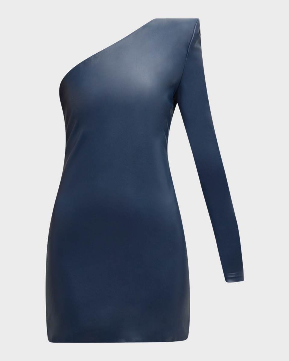 Stretch Faux Leather One-Shoulder Mini Dress